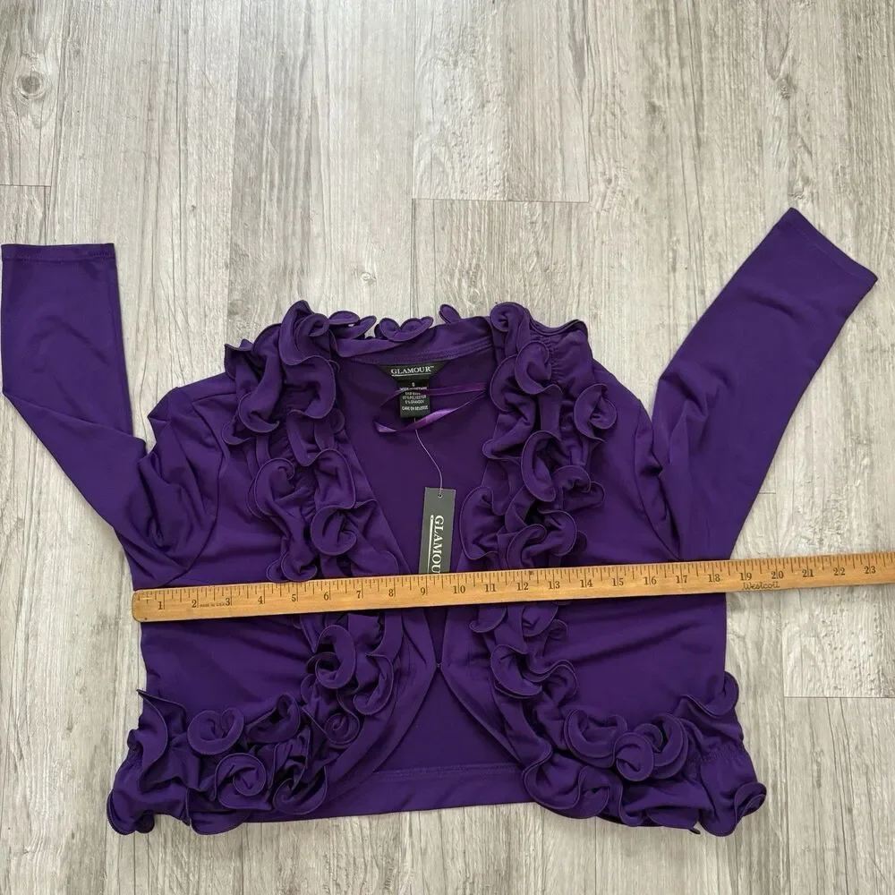 Glamour Purple Ruffle Trim Bolero Shrug Cropped Cardigan Jacket 3/4 Sleeve Sz S